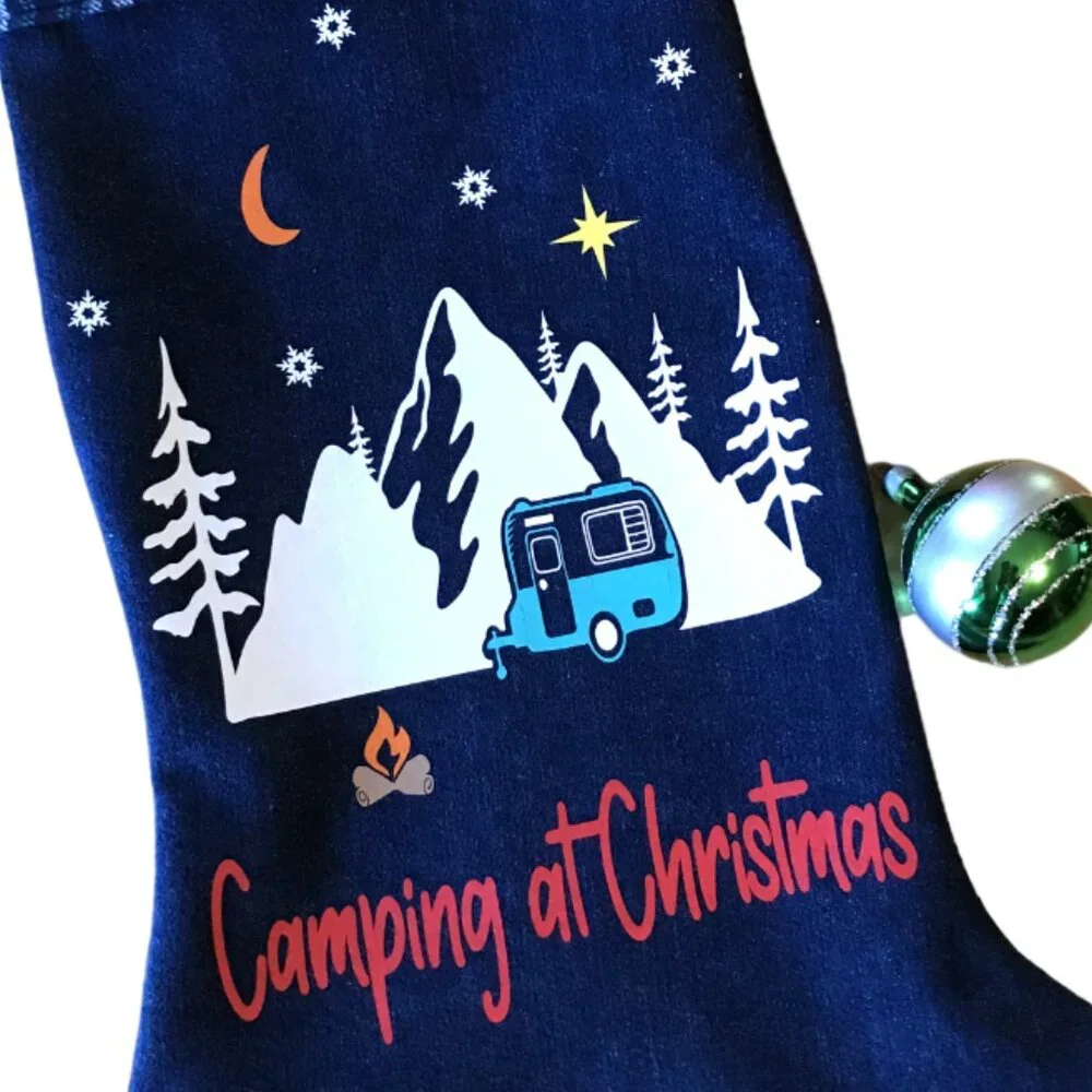 Recycled Denim Christmas Stocking, Mountains Cabin Decor Camping Fishing M-L